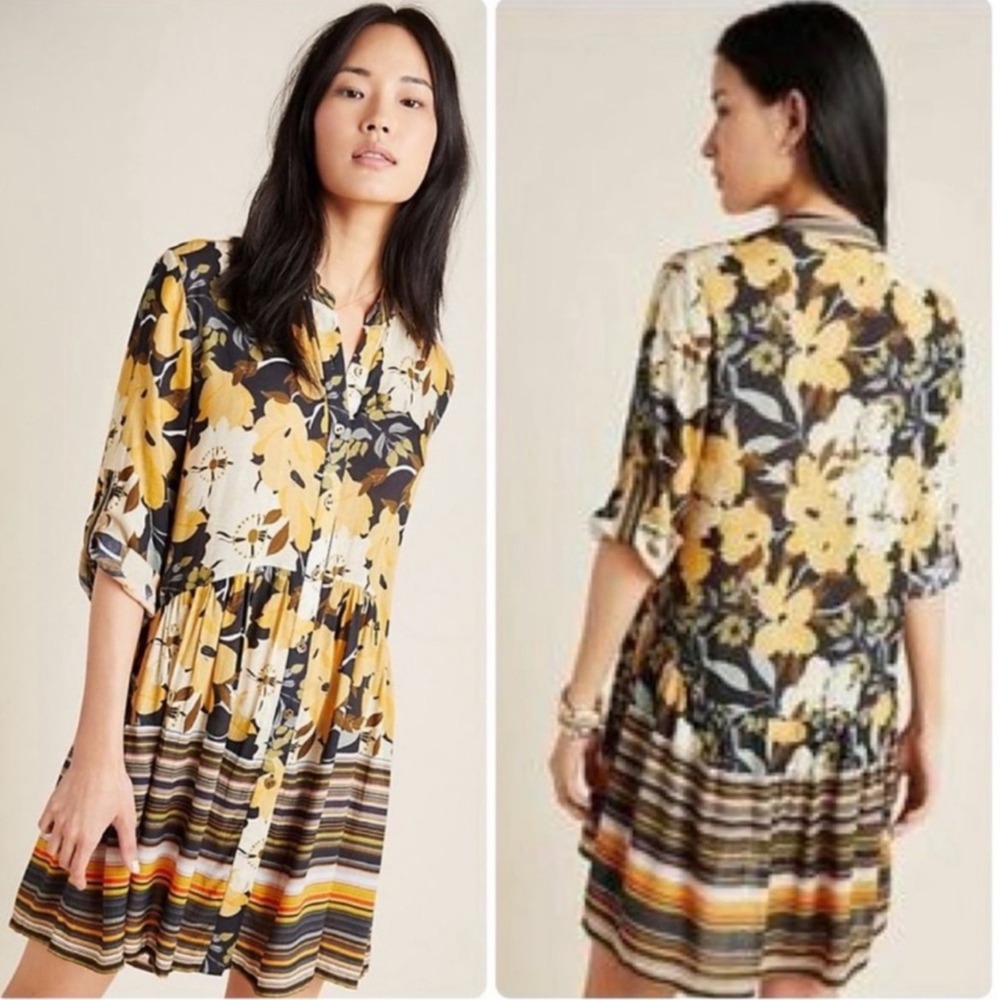 Anthropologie Bl-nk London Hadley Button Front Tunic Dress Floral XS Boho Mini